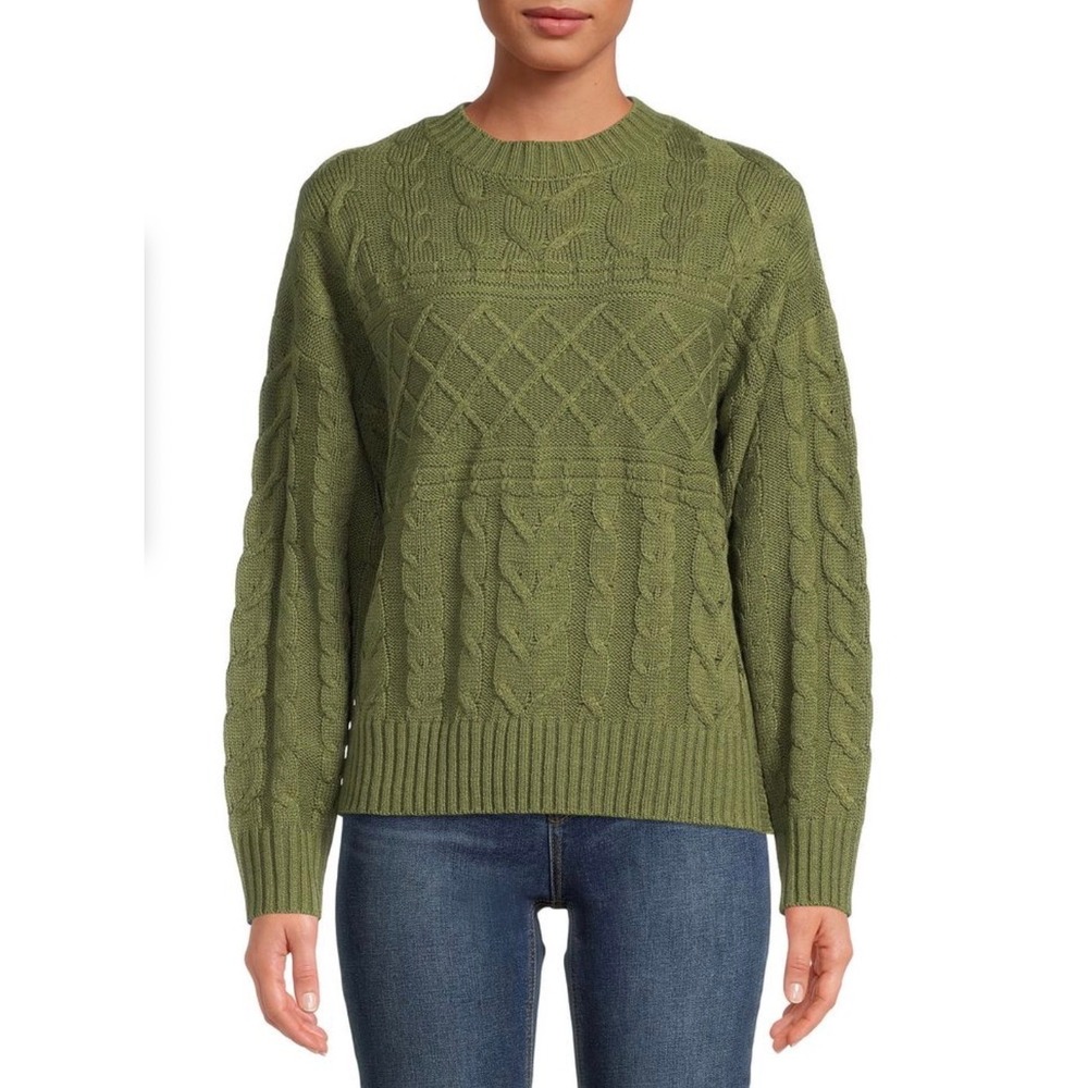 Time and Tru Womens Olive Green Mixed Cable Knit Patchwork Sweater XL 16-18